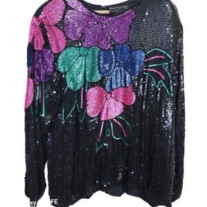 Vtg 80s Fully Sequined Top Women M Black Floral Beaded Silk Blouse Black Pink